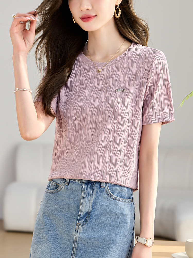 Short sleeve slim T-shirt pink elegant chiffon shirt for women