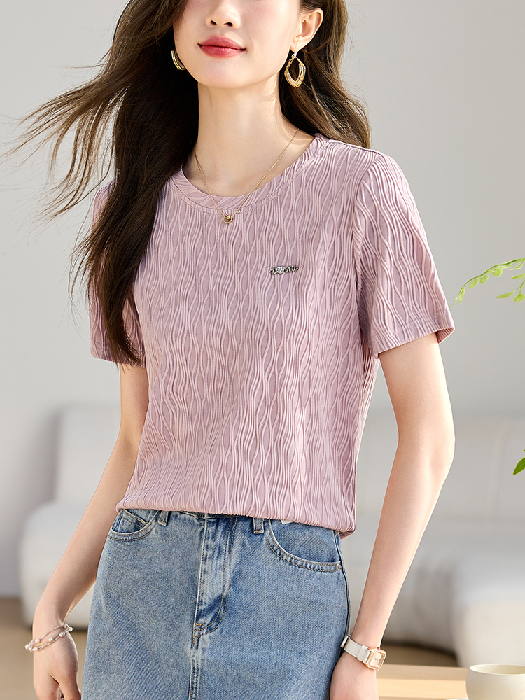 Short sleeve slim T-shirt pink elegant chiffon shirt for women