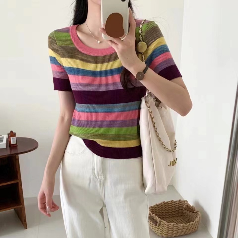 Short sleeve summer colors T-shirt screw thread slim sweater