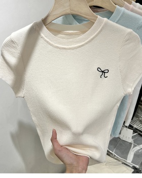 Knitted Cover belly T-shirt embroidery bow tops for women