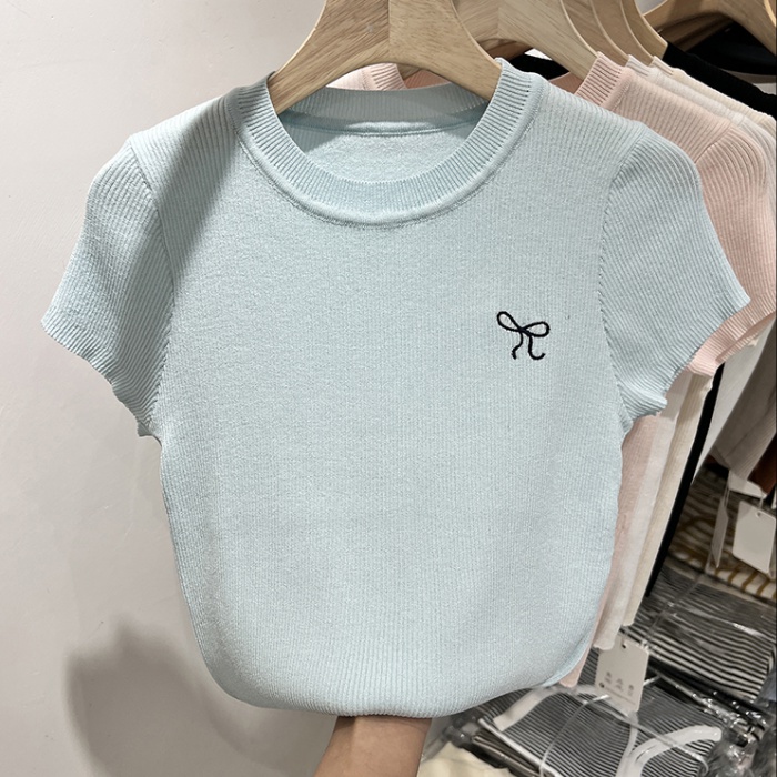 Knitted Cover belly T-shirt embroidery bow tops for women