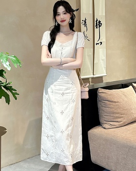 Elegant pure embroidery summer square collar dress