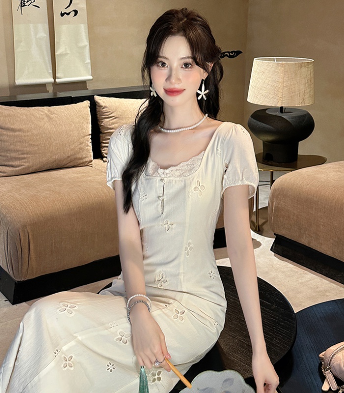 Elegant pure embroidery summer square collar dress