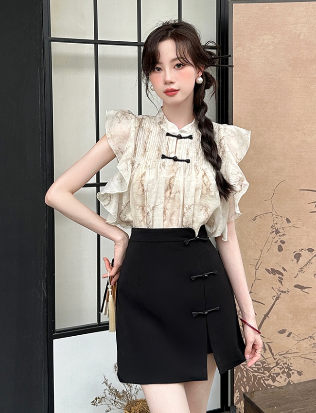 Chinese style chiffon shirt retro skirt 2pcs set for women