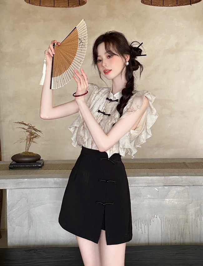 Chinese style chiffon shirt retro skirt 2pcs set for women