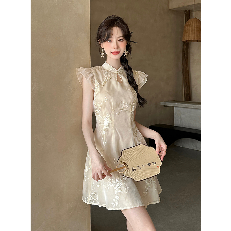 Embroidery pure summer sleeveless Chinese style dress