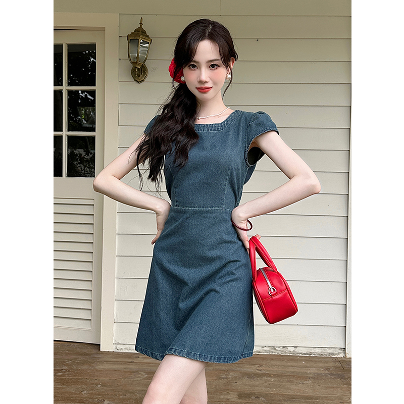 Round neck pure summer denim back hollow dress