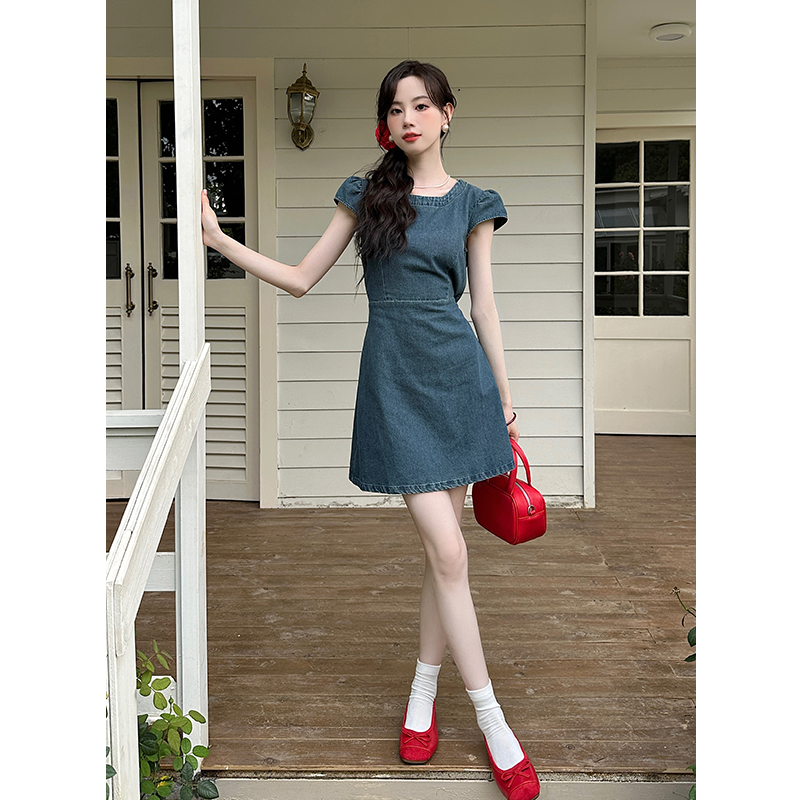 Round neck pure summer denim back hollow dress