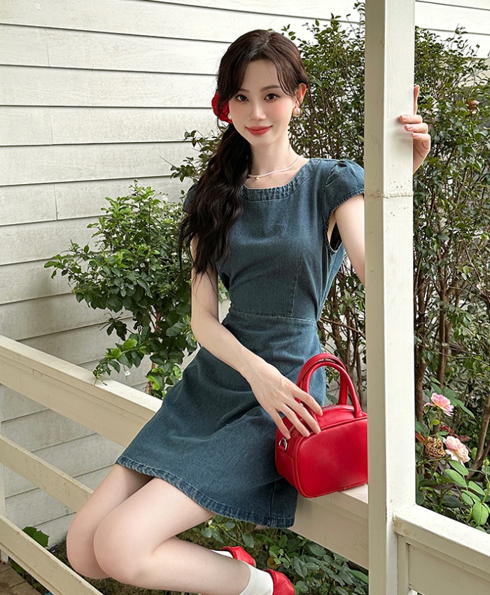 Round neck pure summer denim back hollow dress