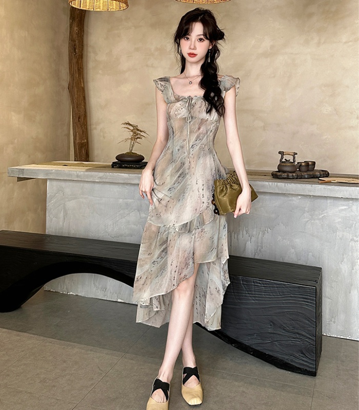 Summer irregular square collar elegant chiffon dress