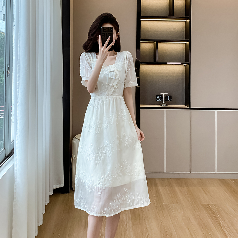 Lotus leaf edges sweet square collar exceed knee summer dress