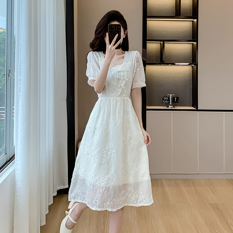 Lotus leaf edges sweet square collar exceed knee summer dress