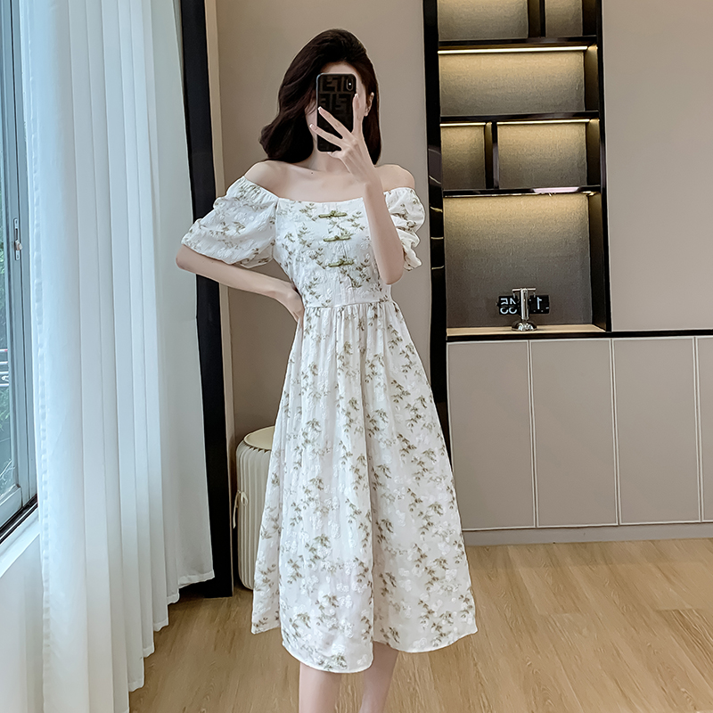 Strapless summer printing horizontal collar dress