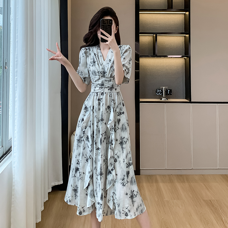 Blooming ink dress France style V-neck long dress