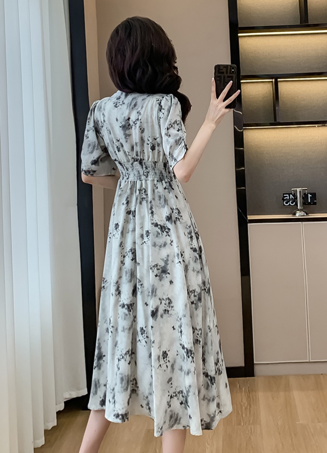 Blooming ink dress France style V-neck long dress