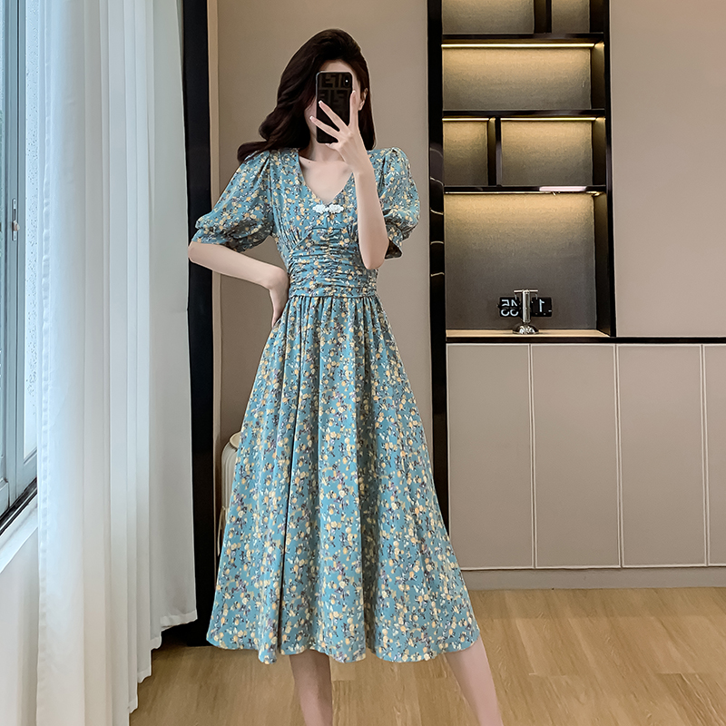 Printing high waist long dress puff sleeve dress