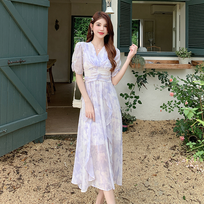 Sweet summer printing long dress chiffon slim dress