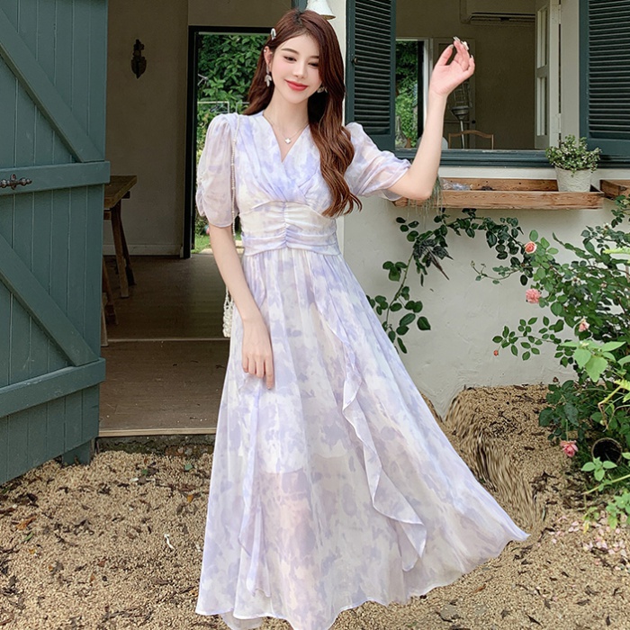 Sweet summer printing long dress chiffon slim dress