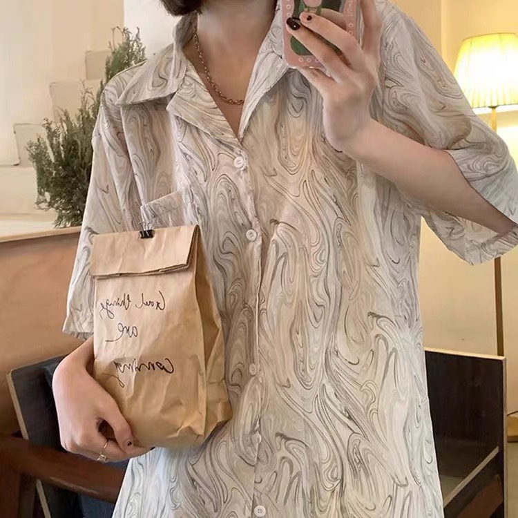 Korean style lazy retro summer wave patterns shirt for women