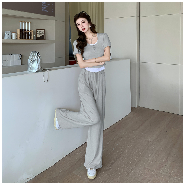 Short tops straight wide leg pants a set for women