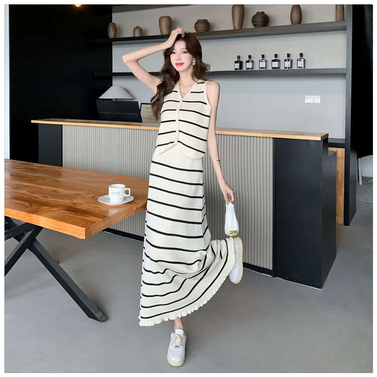 Temperament France style long skirt stripe vest 2pcs set