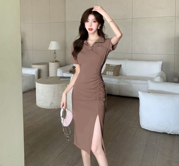 Show young folds dress pinched waist slim long dress for women