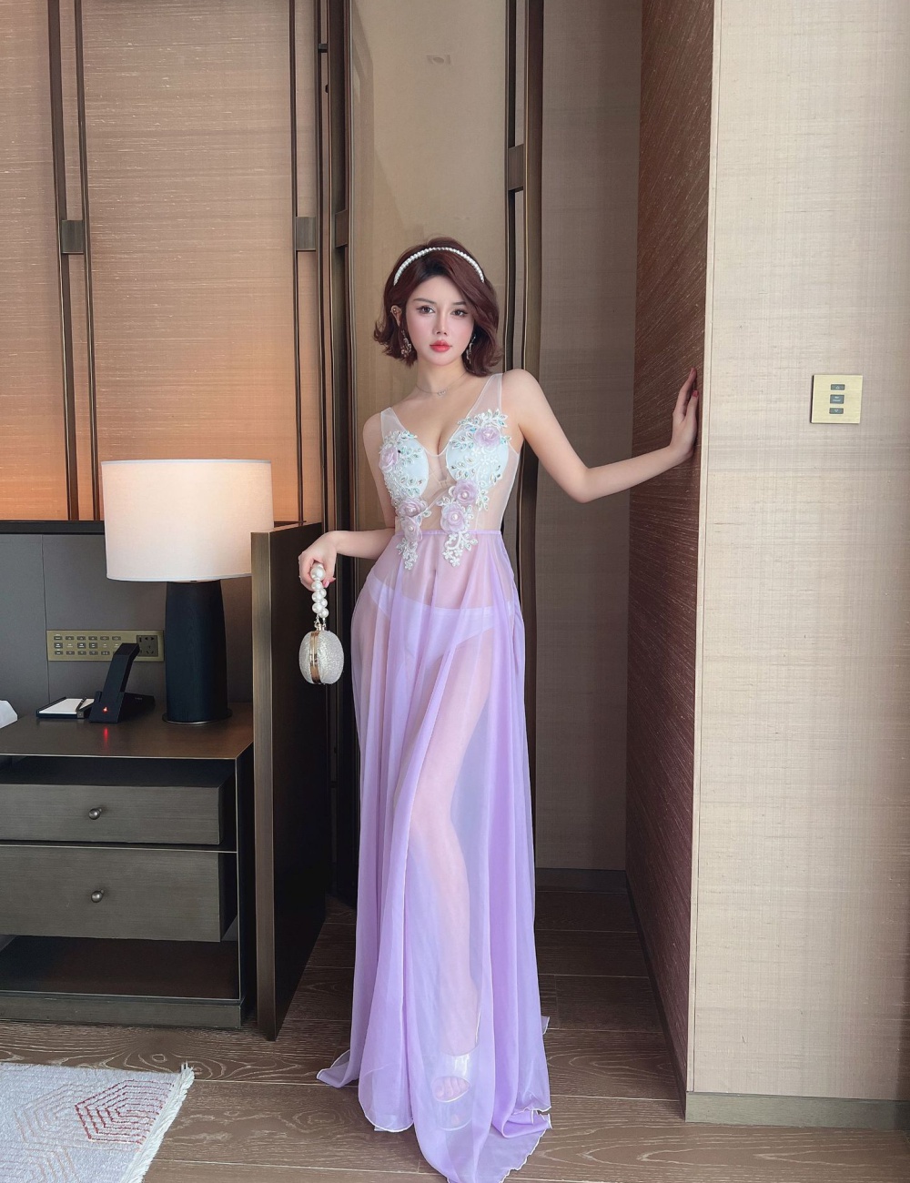 Long slim catwalk long dress purple chiffon formal dress