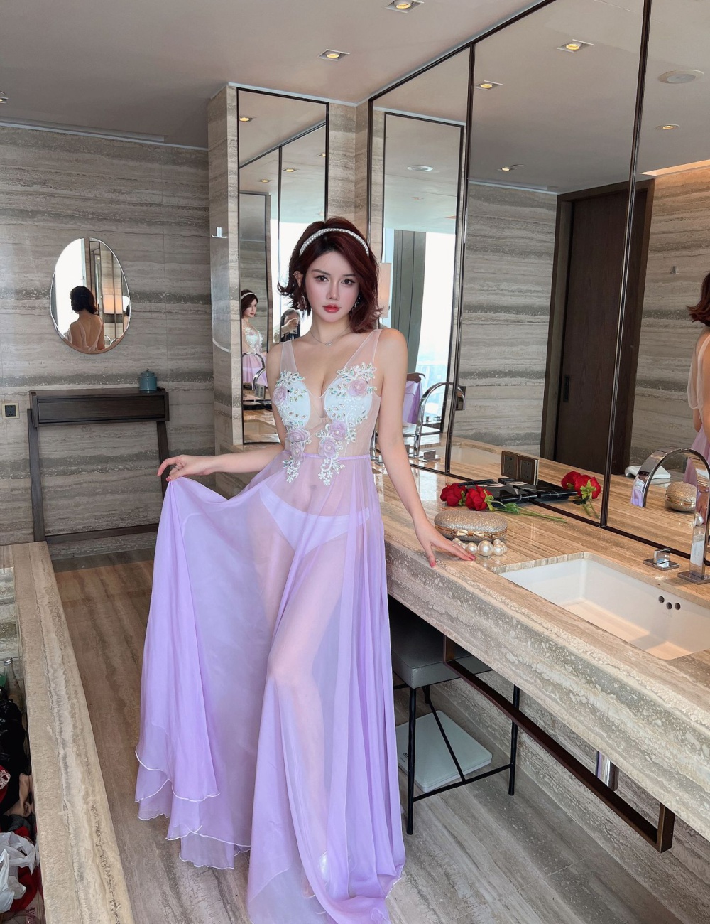 Long slim catwalk long dress purple chiffon formal dress