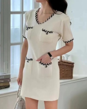 Korean style chanelstyle simple edge niche V-neck dress