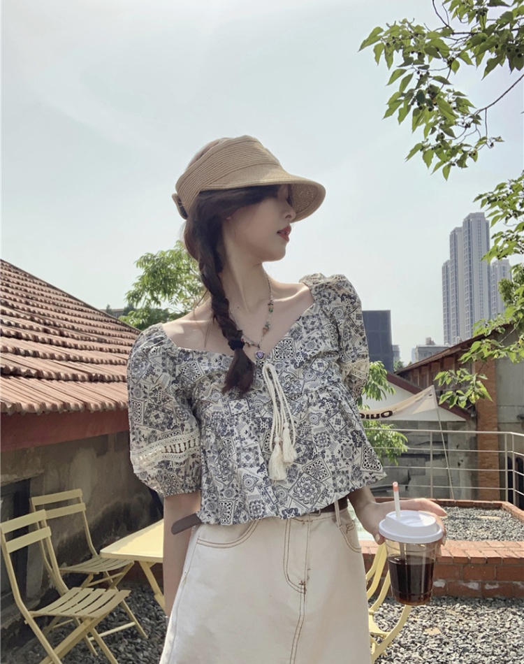 Retro short tops pinched waist printing shirt