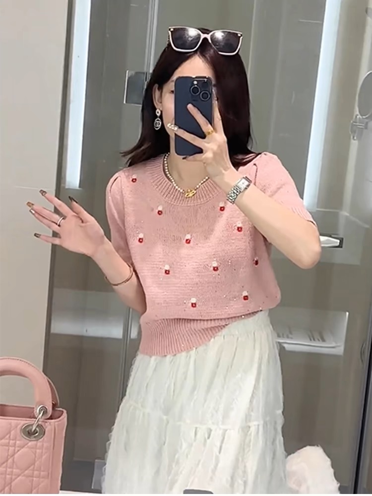 Short sleeve sequins sweater all-match T-shirt for women