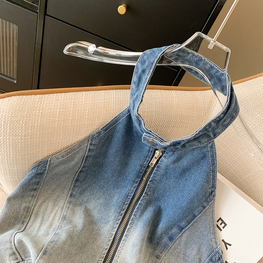 American style halter denim tops short sexy vest for women