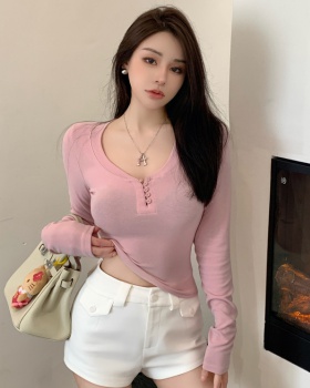 Korean style spring tops buckle T-shirt for women