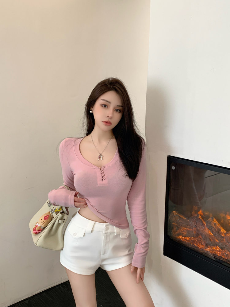 Korean style spring tops buckle T-shirt for women