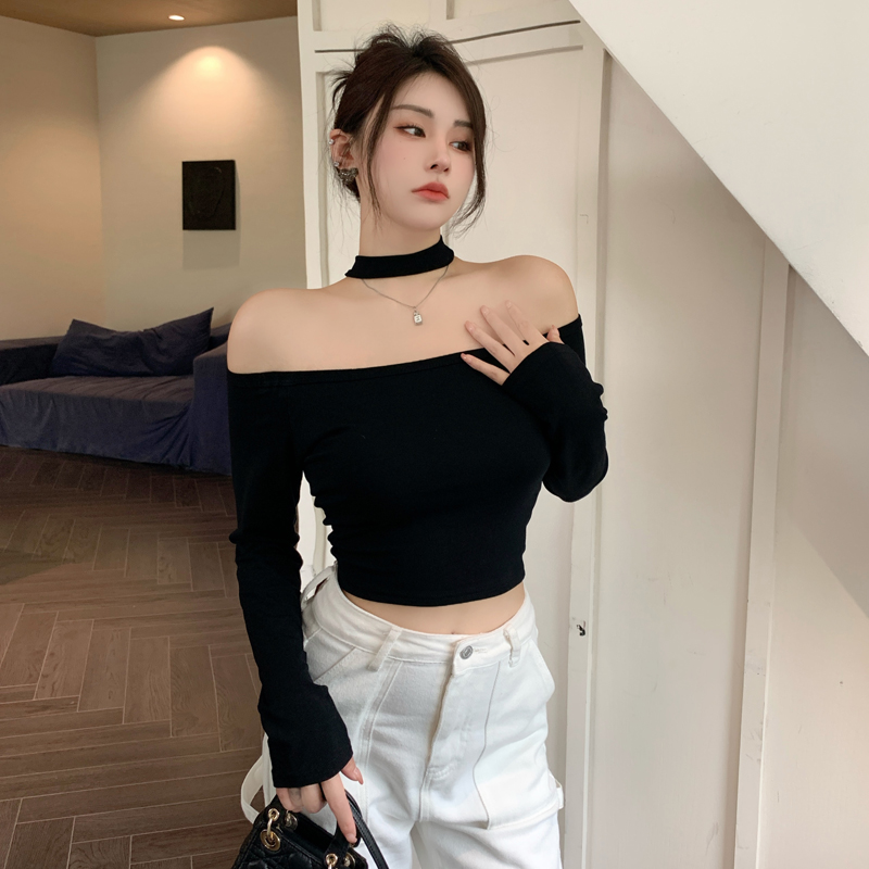 Short flat shoulder spring bottoming shirt slim strapless tops