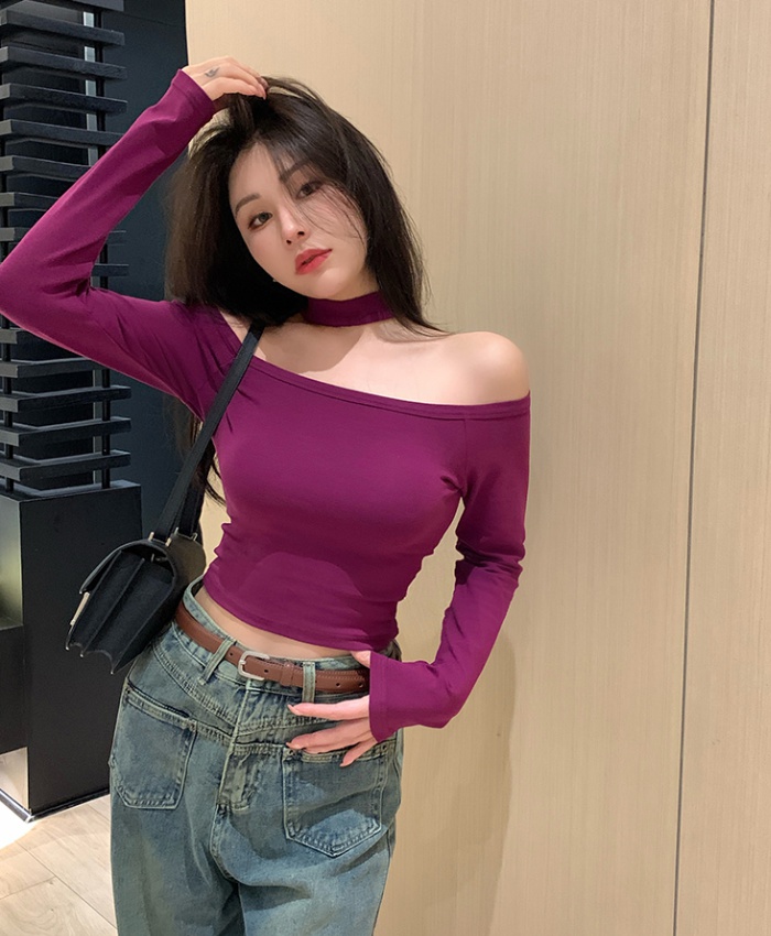 Short flat shoulder spring bottoming shirt slim strapless tops