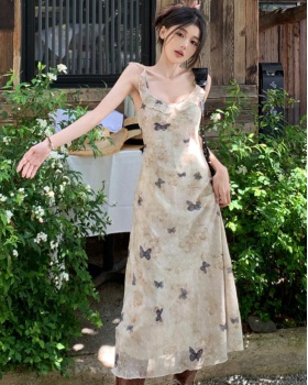 High waist France style dress slim butterfly long dress