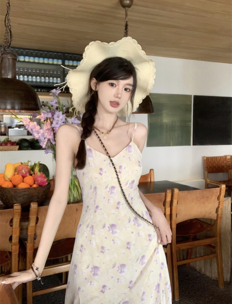 Temperament clavicle sling dress V-neck floral strap dress