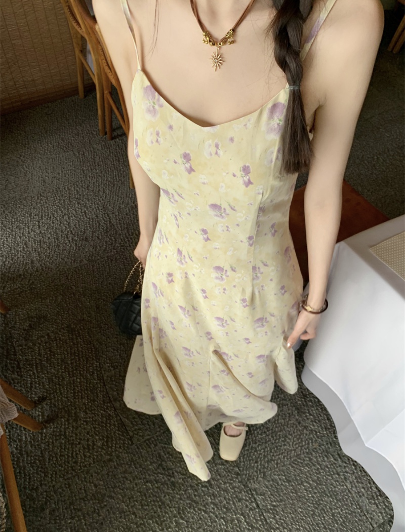 Temperament clavicle sling dress V-neck floral strap dress