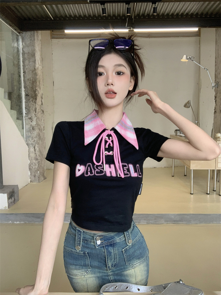 Lapel slim unique short niche letters T-shirt