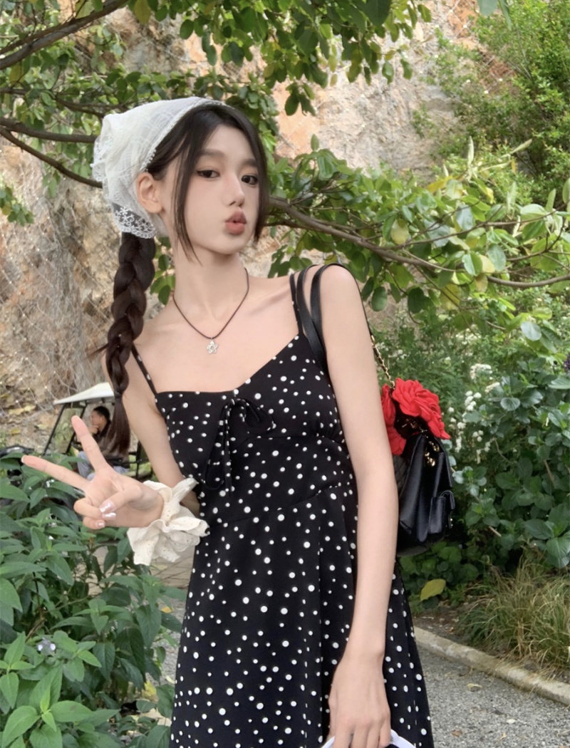 Sling black slim polka dot summer dress