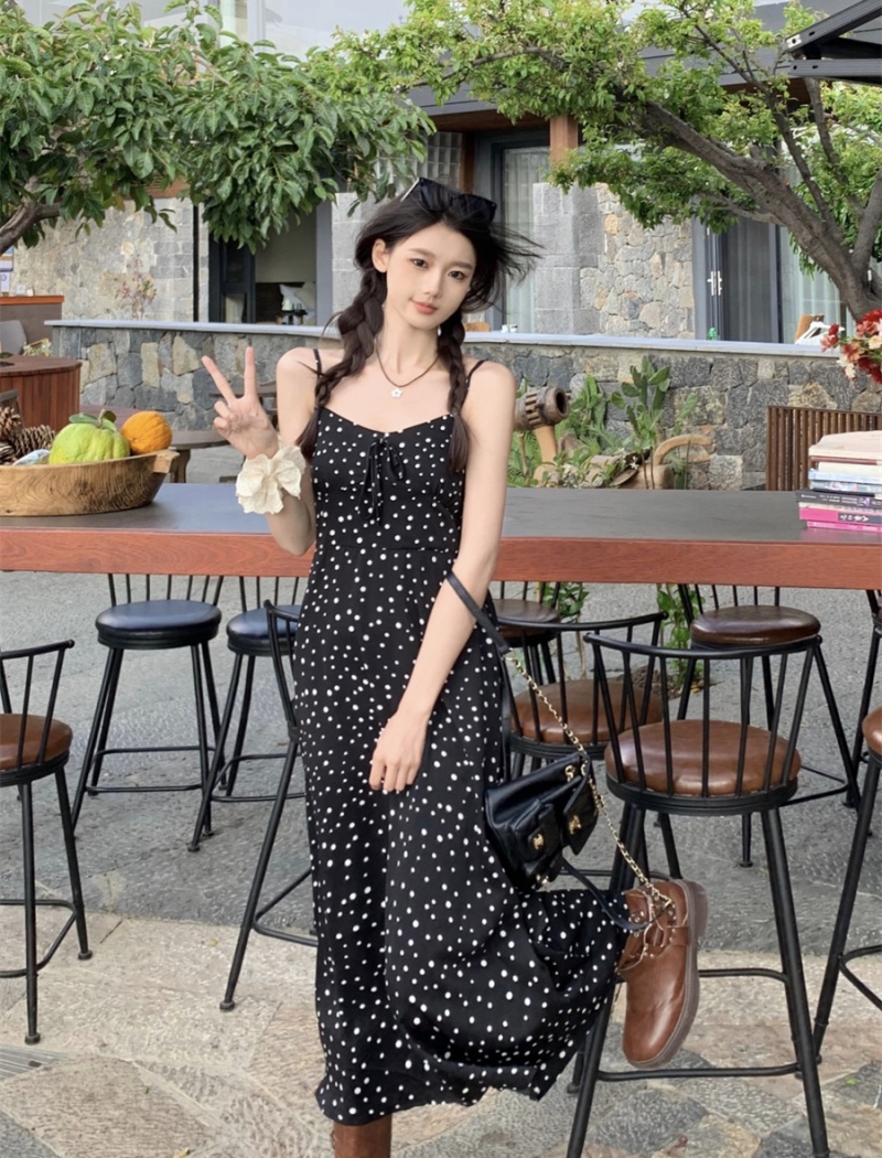 Sling black slim polka dot summer dress