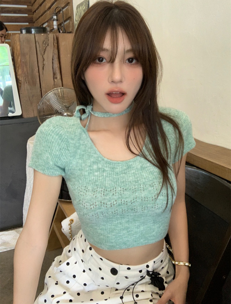 Knitted hollow small fellow halter spicegirl tops