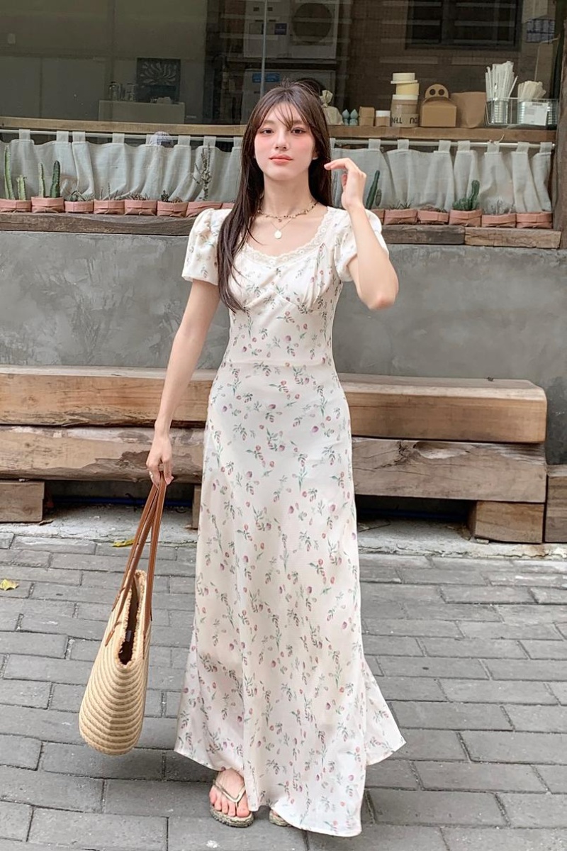 Tender France style puff sleeve Casual floral dress