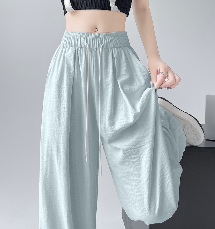 High waist Casual pants loose blue wide leg pants for women