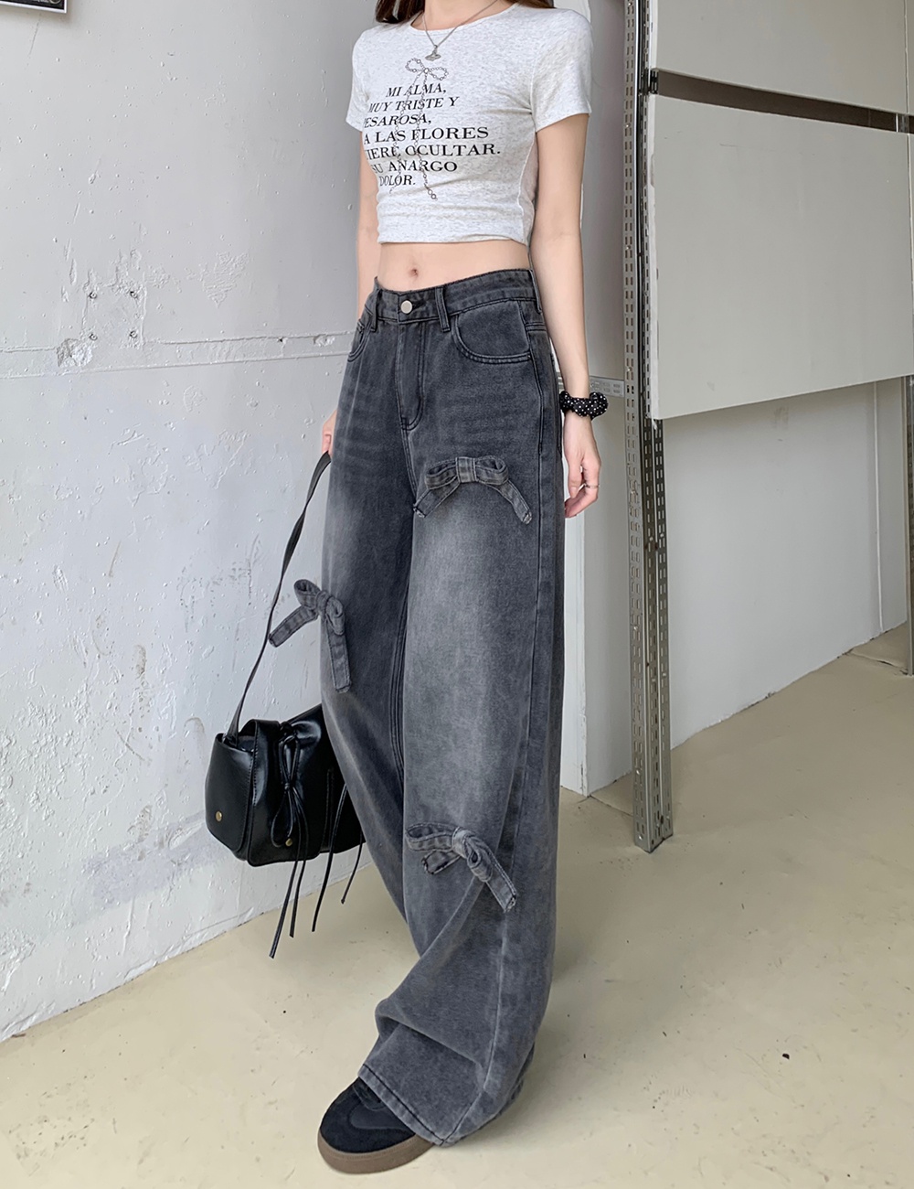 Bow slim jeans spring and summer wide leg long pants