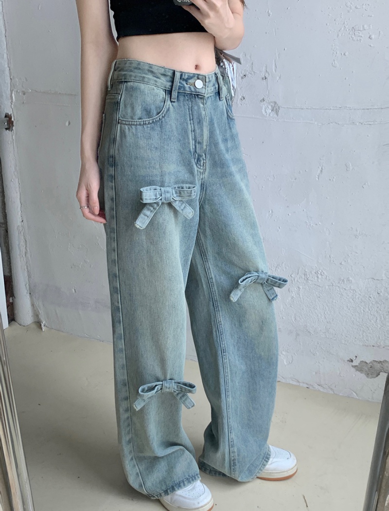 Bow slim jeans spring and summer wide leg long pants