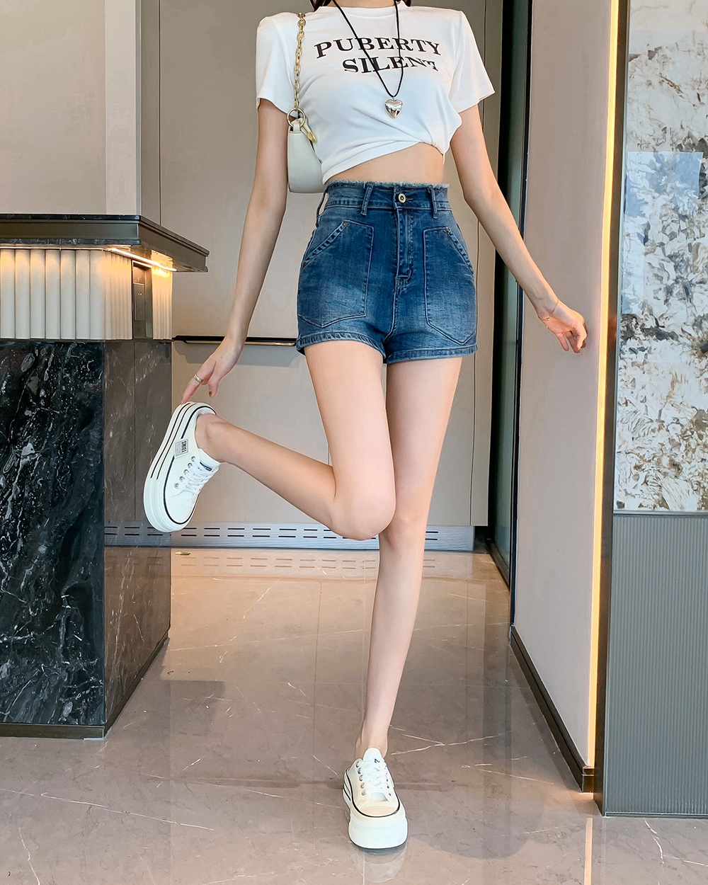 Slim summer retro shorts elasticity pocket short jeans