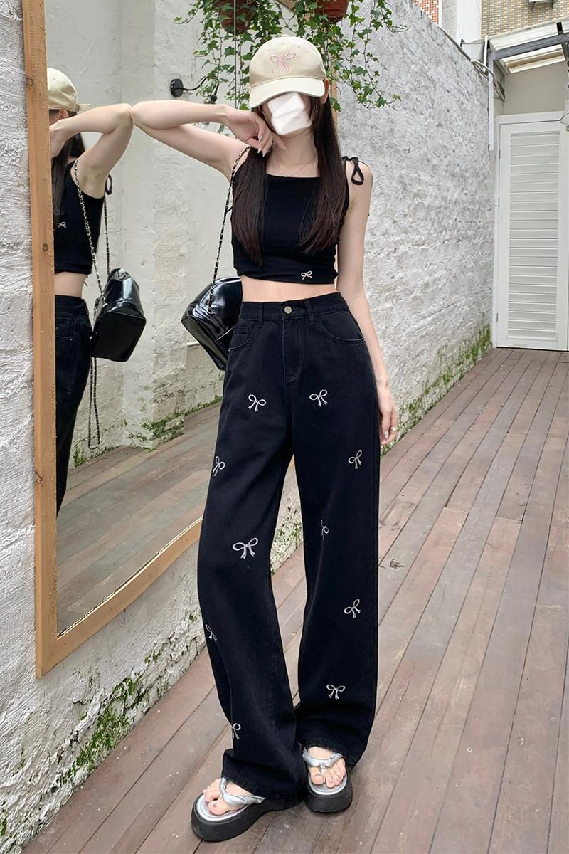 Elastic waist mopping Korean style denim embroidery long pants