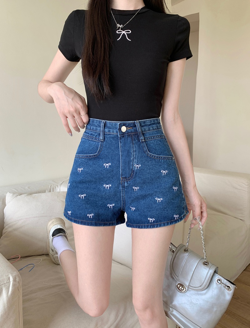 High waist embroidery summer denim retro bow sweet shorts